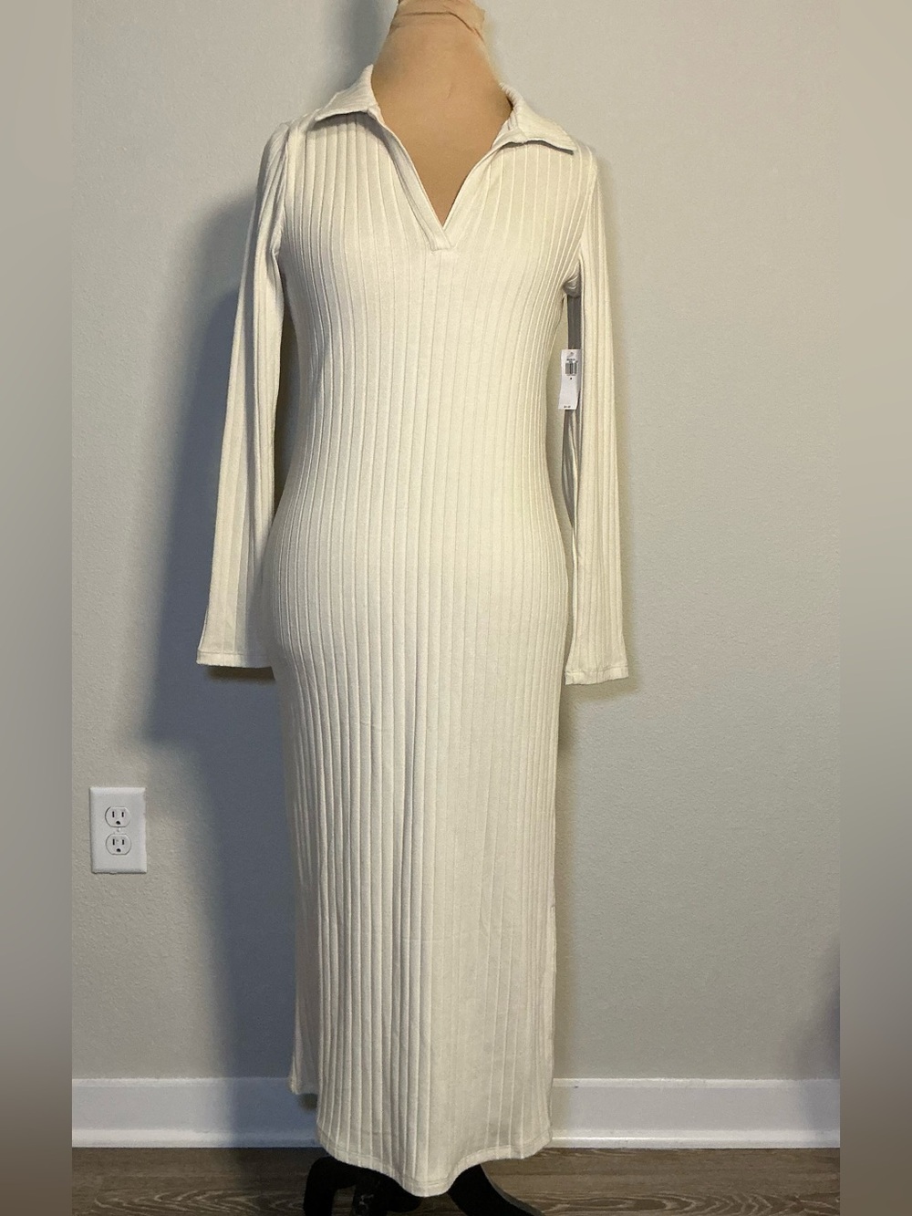 Ribbed Knit Long Sleeve Cream Maxi Dress